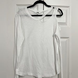 LNA Off Shoulder Strappy Long Sleeve Tee white Rib Stretch Knit M